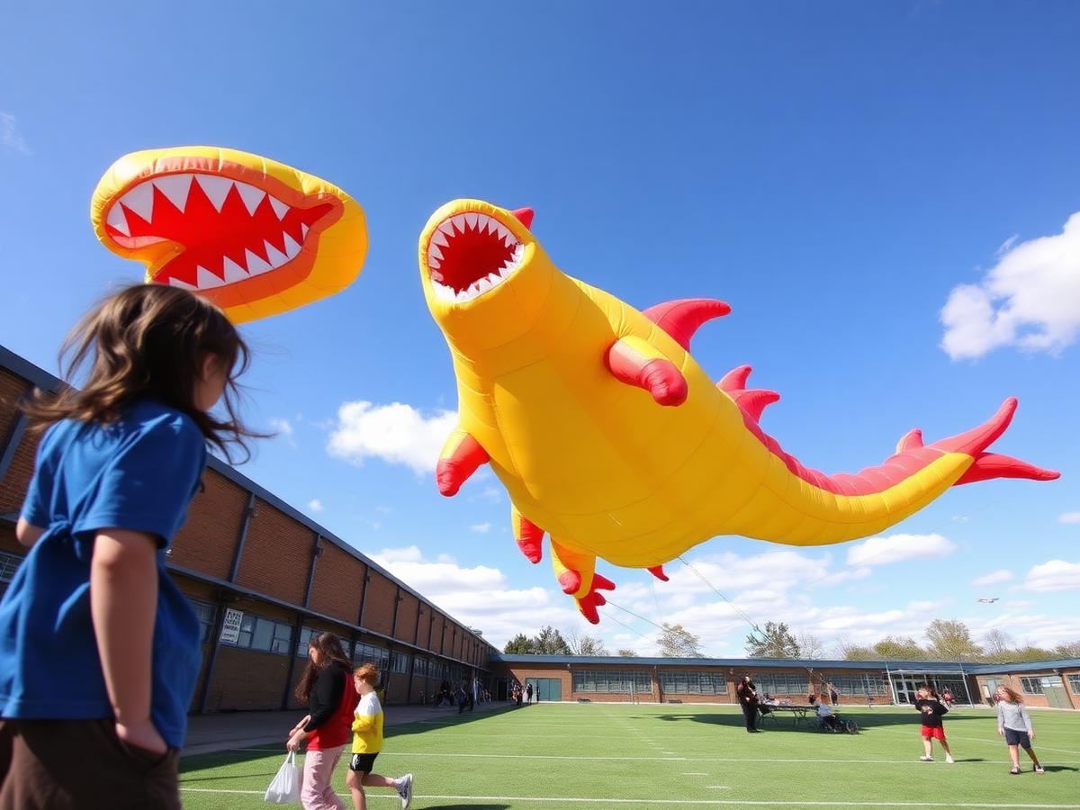 Cometa gigante volando sobre el patio de un colegio