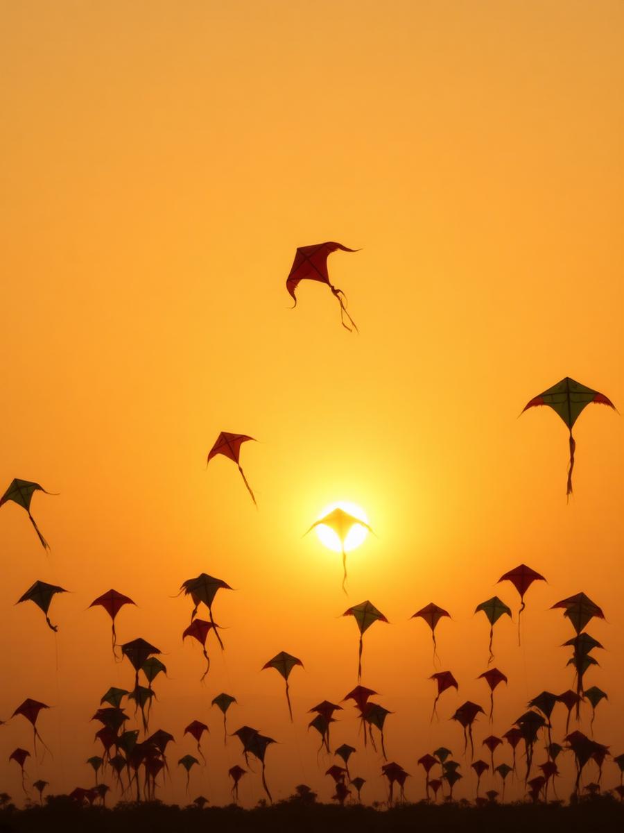 Decenas de cometas en el cielo durante un atardecer dorado