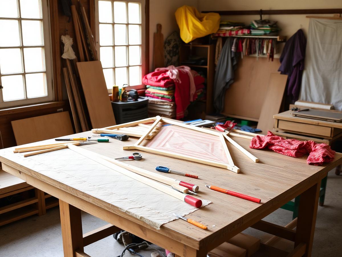 Taller artesanal con estructuras y telas para fabricar cometas