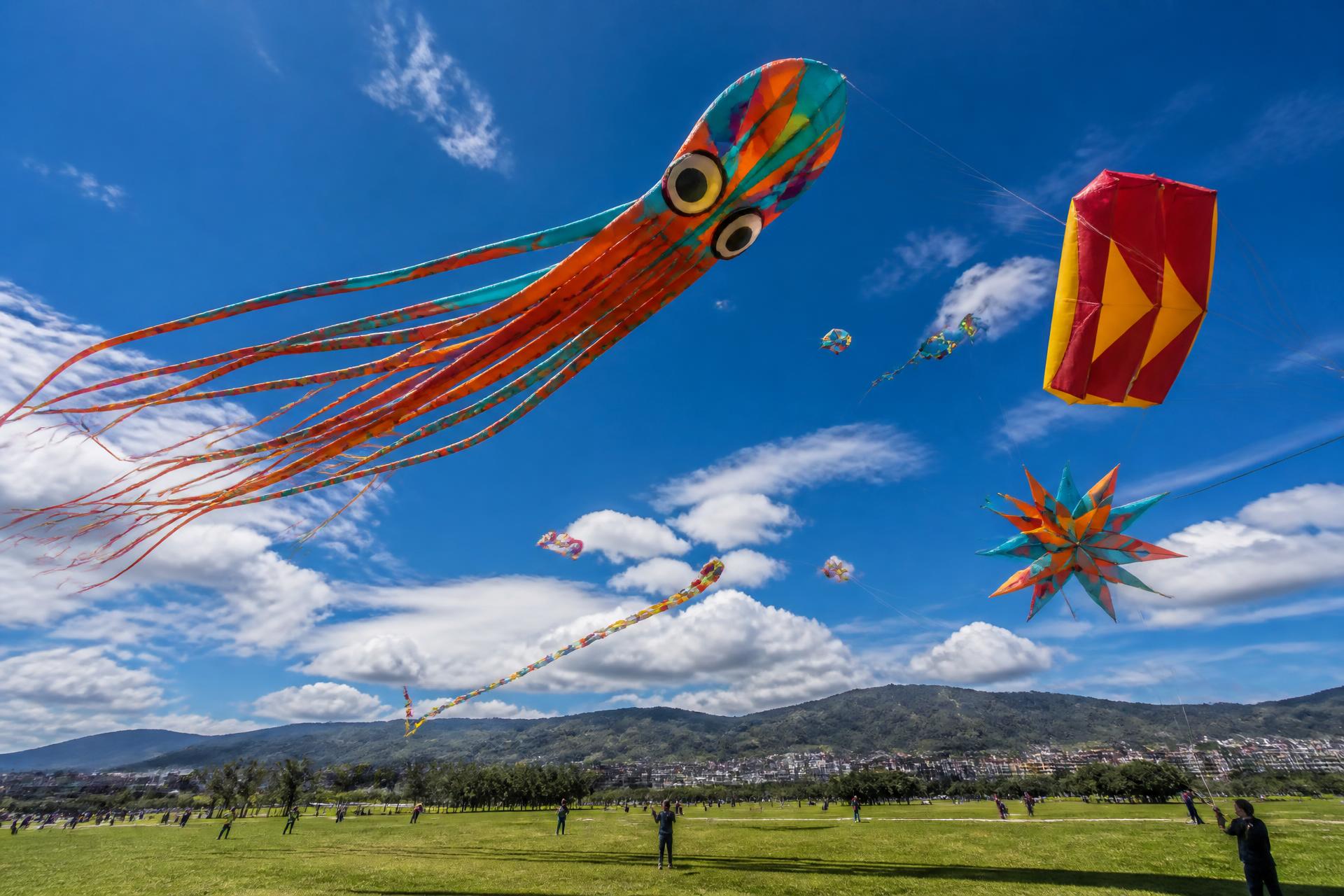 Cometas gigantes de colores volando en el cielo azul sobre un parque de Bogotá